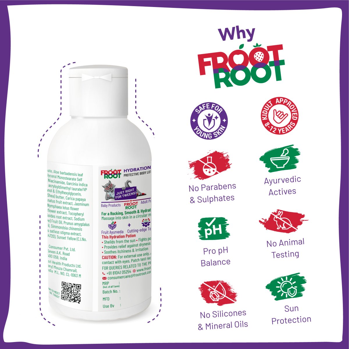 Froot Rott body lotion has antioxidants from Watermelon, nourishing Papaya, and skin actives like Aloe Vera, Saffron. Free from parabens, sulfates, and artificial dyes. No animal testing.