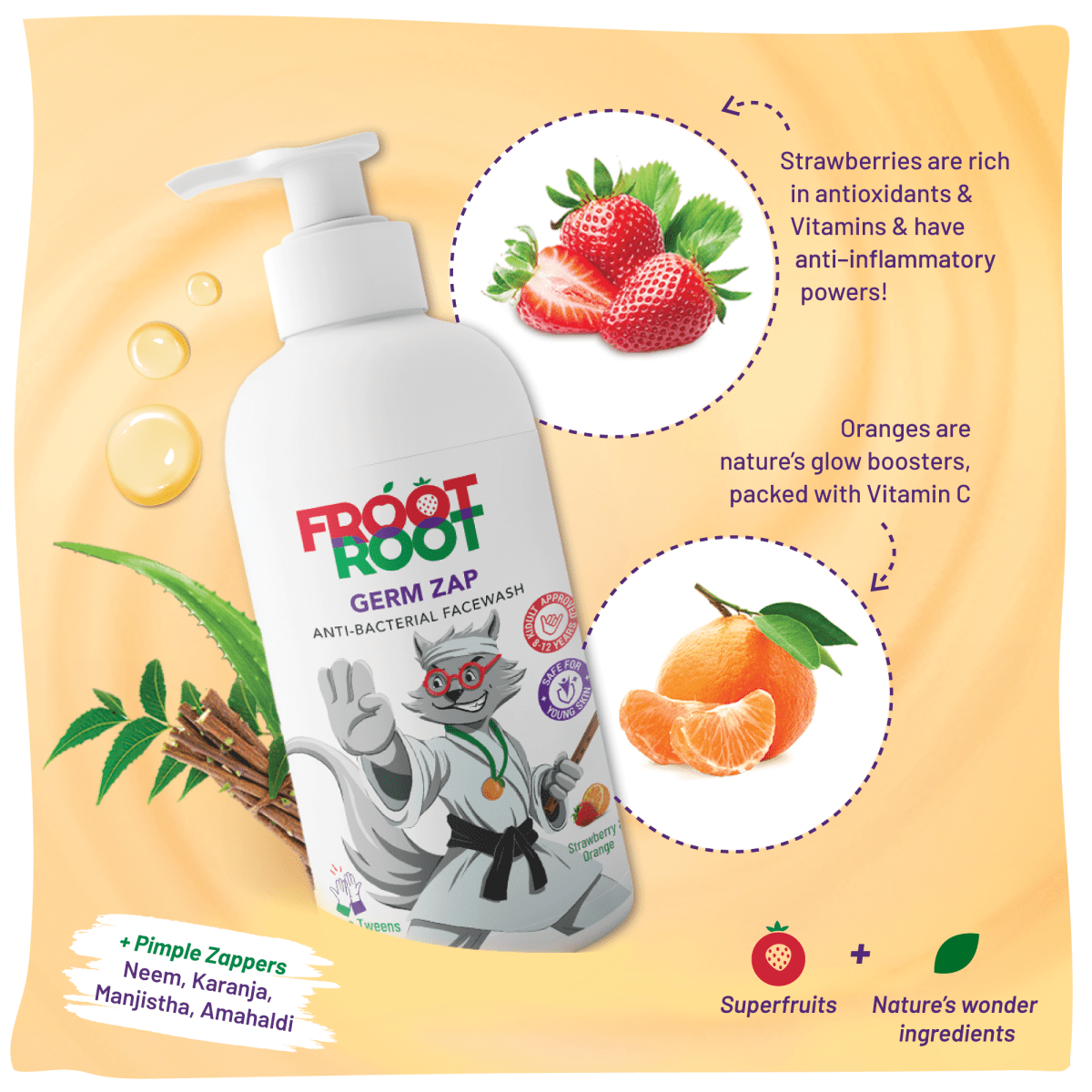 Germ Zap Anti-Bacterial Face Wash with Vitamin C, Neem, Orange, Karanja, Strawberries