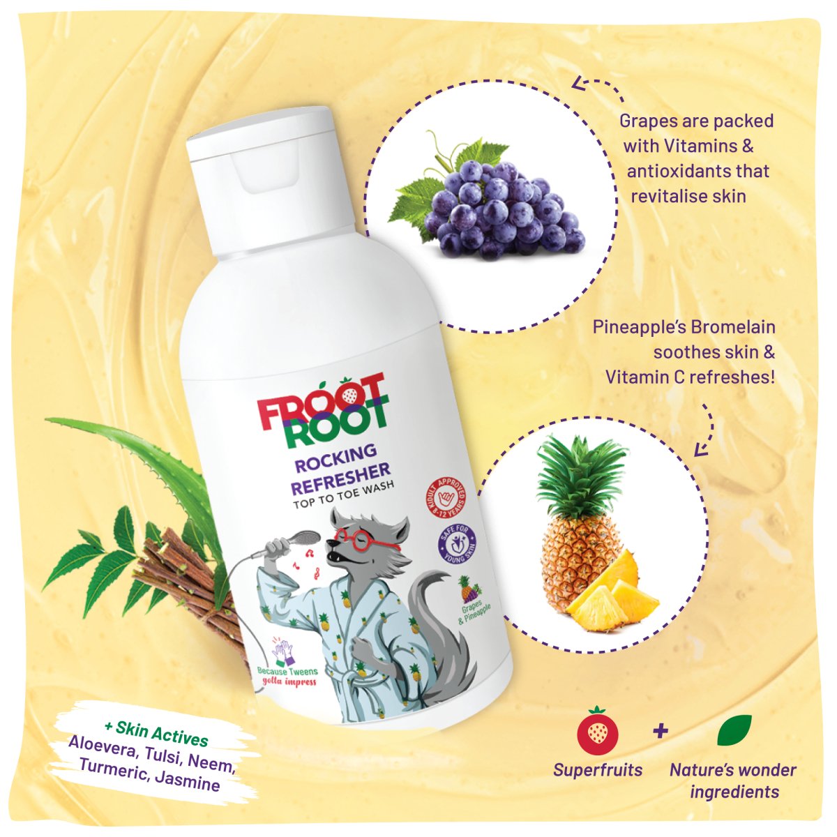 Kidult and mom approved Froot Root Rocking Refresher 2-in-1 hair and body wash, suitable for tweens and active kids, designed to cleanse and soothe skin and hair, combat bacteria, and maintain moisture balance.