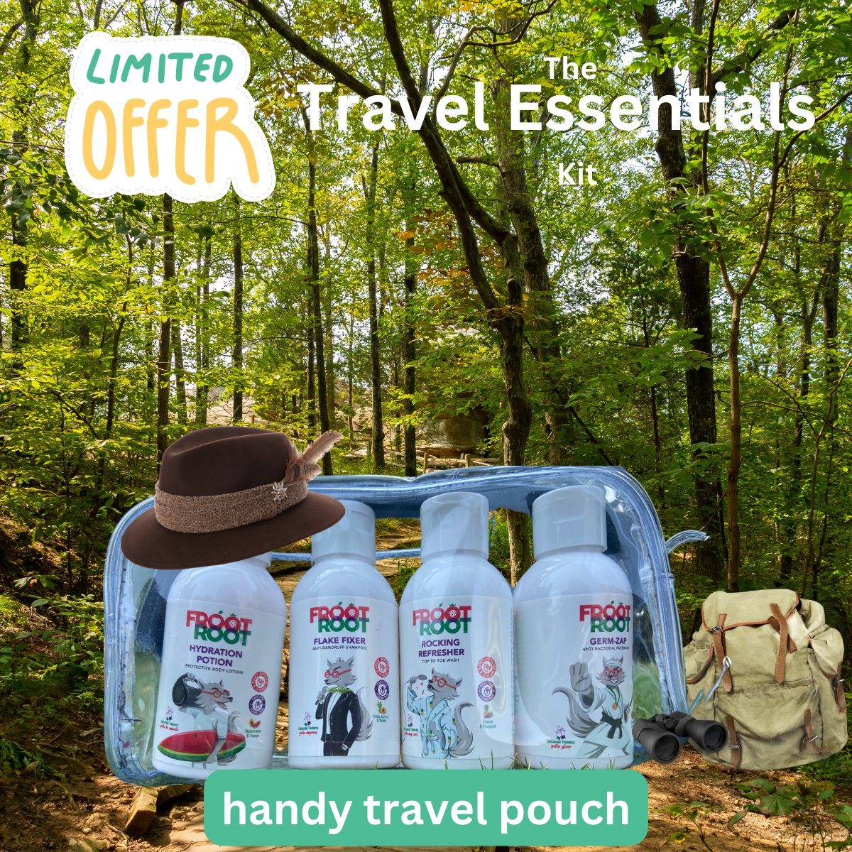 The Travel Essentials Kit with 100ml bottle of Top to Toe Wash, Facewash, Body lotion and Shampoo in a travel pouch