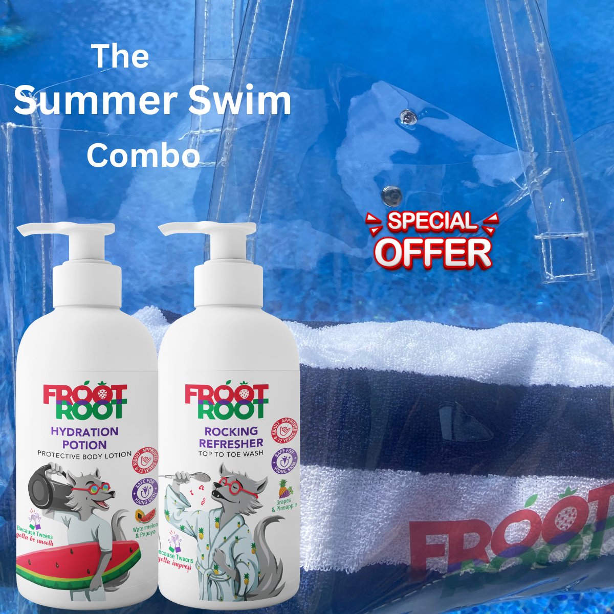 Summer Swim Combo with Top to Toe Wash 300 ml, Body lotion 300 ml + A Trendy Swim Bag & Towel