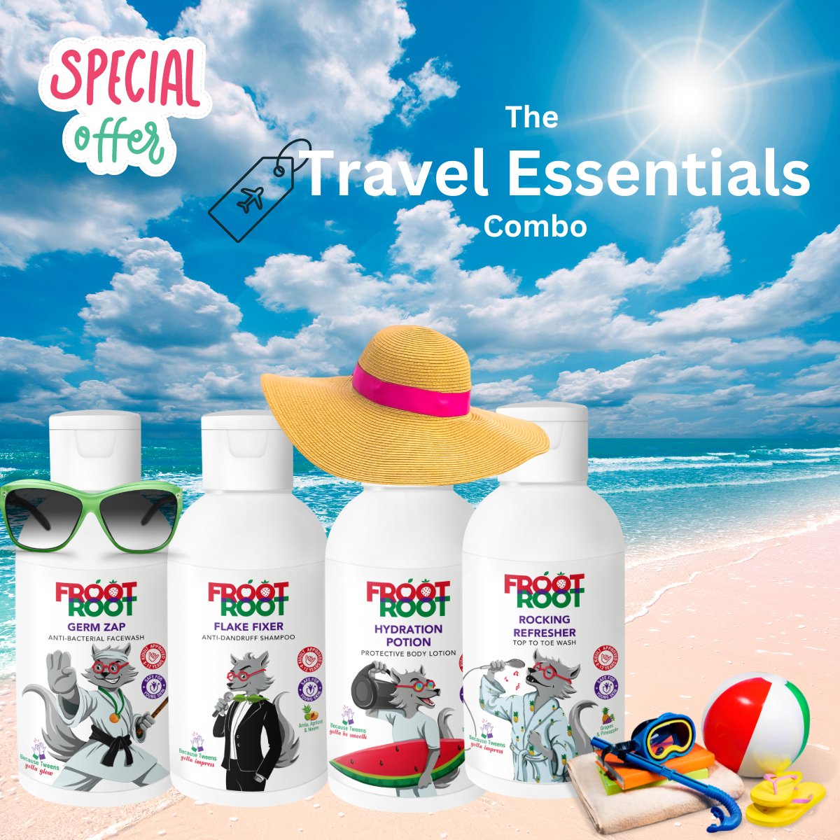 The Travel Essentials Combo with 100 ml bottles of Top to Toe wash , Facewash, Body lotion & Shampoo